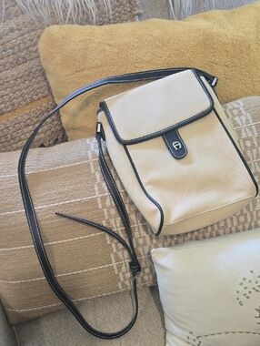 Etienne Aigner Tan Canvas Crossbody with Black Leather Trim